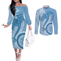 Micronesia FSM Couples Matching Off The Shoulder Long Sleeve Dress and Long Sleeve Button Shirt Shark and Manta Classic Style LT7 Turquoise - Polynesian Pride
