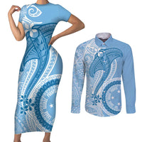 Micronesia FSM Couples Matching Short Sleeve Bodycon Dress and Long Sleeve Button Shirt Shark and Manta Classic Style LT7 Turquoise - Polynesian Pride
