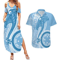 Micronesia FSM Couples Matching Summer Maxi Dress and Hawaiian Shirt Shark and Manta Classic Style LT7 Turquoise - Polynesian Pride