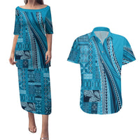 Pasifika Women's Day - Samoa Siapo Malu Tattoo Inspired Couples Matching Puletasi and Hawaiian Shirt Turquoise