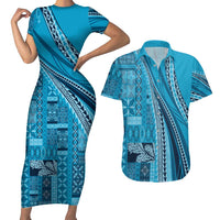 Pasifika Women's Day - Samoa Siapo Malu Tattoo Inspired Couples Matching Short Sleeve Bodycon Dress and Hawaiian Shirt Turquoise LT7 Turquoise - Polynesian Pride