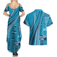 Pasifika Women's Day - Samoa Siapo Malu Tattoo Inspired Couples Matching Summer Maxi Dress and Hawaiian Shirt Turquoise LT7 - Polynesian Pride