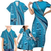 Pasifika Women's Day - Samoa Siapo Malu Tattoo Inspired Family Matching Short Sleeve Bodycon Dress and Hawaiian Shirt Turquoise LT7 - Polynesian Pride