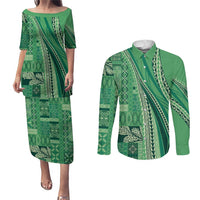 Pasifika Women's Day - Samoa Siapo Malu Tattoo Inspired Couples Matching Puletasi and Long Sleeve Button Shirt Jade