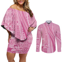 Pasifika Women's Day - Samoa Siapo Malu Tattoo Inspired Couples Matching Off Shoulder Short Dress and Long Sleeve Button Shirt Pink LT7 Pink - Polynesian Pride