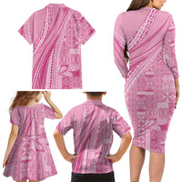 Pasifika Women's Day - Samoa Siapo Malu Tattoo Inspired Family Matching Long Sleeve Bodycon Dress and Hawaiian Shirt Pink LT7 - Polynesian Pride