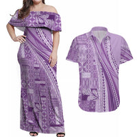 Pasifika Women's Day - Samoa Siapo Malu Tattoo Inspired Couples Matching Off Shoulder Maxi Dress and Hawaiian Shirt Lavender LT7 Lavender - Polynesian Pride