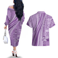 Pasifika Women's Day - Samoa Siapo Malu Tattoo Inspired Couples Matching Off The Shoulder Long Sleeve Dress and Hawaiian Shirt Lavender LT7 - Polynesian Pride