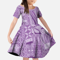 Pasifika Women's Day - Samoa Siapo Malu Tattoo Inspired Family Matching Off Shoulder Short Dress and Hawaiian Shirt Lavender LT7 Daughter's Dress Lavender - Polynesian Pride