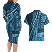 Pasifika Women's Day - Samoa Siapo Malu Tattoo Inspired Couples Matching Long Sleeve Bodycon Dress and Hawaiian Shirt Navy Blue LT7 - Polynesian Pride