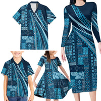 Pasifika Women's Day - Samoa Siapo Malu Tattoo Inspired Family Matching Long Sleeve Bodycon Dress and Hawaiian Shirt Navy Blue LT7 - Polynesian Pride