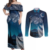 New Zealand Matariki Couples Matching Off Shoulder Maxi Dress and Long Sleeve Button Shirt Starry Night Style LT7 Navy - Polynesian Pride