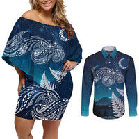 New Zealand Matariki Couples Matching Off Shoulder Short Dress and Long Sleeve Button Shirt Starry Night Style LT7 Navy - Polynesian Pride