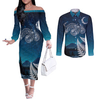 New Zealand Matariki Couples Matching Off The Shoulder Long Sleeve Dress and Long Sleeve Button Shirt Starry Night Style LT7 Navy - Polynesian Pride