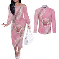 Hawaii Maui Island Flowers Lei Couples Matching Off The Shoulder Long Sleeve Dress and Long Sleeve Button Shirt Lokelani Rose Pink LT7 Pink - Polynesian Pride
