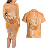 Hawaii Lanai Island Flowers Lei Couples Matching Long Sleeve Bodycon Dress and Hawaiian Shirt Orange Kaunaoa Mix Maile LT7 - Polynesian Pride