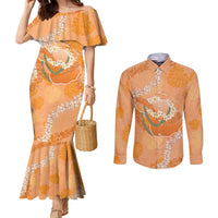 Hawaii Lanai Island Flowers Lei Couples Matching Mermaid Dress and Long Sleeve Button Shirt Orange Kaunaoa Mix Maile LT7 Orange - Polynesian Pride