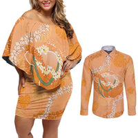 Hawaii Lanai Island Flowers Lei Couples Matching Off Shoulder Short Dress and Long Sleeve Button Shirt Orange Kaunaoa Mix Maile LT7 Orange - Polynesian Pride