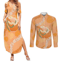 Hawaii Lanai Island Flowers Lei Couples Matching Summer Maxi Dress and Long Sleeve Button Shirt Orange Kaunaoa Mix Maile LT7 Orange - Polynesian Pride