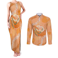 Hawaii Lanai Island Flowers Lei Couples Matching Tank Maxi Dress and Long Sleeve Button Shirt Orange Kaunaoa Mix Maile LT7 Orange - Polynesian Pride