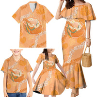 Hawaii Lanai Island Flowers Lei Family Matching Mermaid Dress and Hawaiian Shirt Orange Kaunaoa Mix Maile LT7 - Polynesian Pride