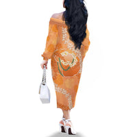 Hawaii Lanai Island Flowers Lei Family Matching Off The Shoulder Long Sleeve Dress and Hawaiian Shirt Orange Kaunaoa Mix Maile LT7 - Polynesian Pride