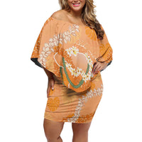 Hawaii Lanai Island Flowers Lei Off Shoulder Short Dress Orange Kaunaoa Mix Maile