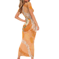 Hawaii Lanai Island Flowers Lei Short Sleeve Bodycon Dress Orange Kaunaoa Mix Maile LT7 - Polynesian Pride
