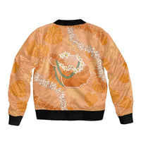 Hawaii Lanai Island Flowers Lei Sleeve Zip Bomber Jacket Orange Kaunaoa Mix Maile
