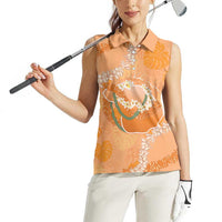 Hawaii Lanai Island Flowers Lei Women Sleeveless Polo Shirt Orange Kaunaoa Mix Maile LT7 - Polynesian Pride