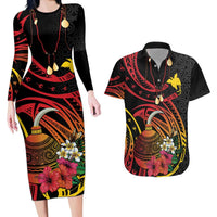Personalized Milne Bay Couples Matching Long Sleeve Bodycon Dress and Hawaiian Shirt PNG Lime Pot with Oro Tapa LT7 Black - Polynesian Pride
