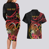 Personalized Milne Bay Couples Matching Long Sleeve Bodycon Dress and Hawaiian Shirt PNG Lime Pot with Oro Tapa LT7 - Polynesian Pride