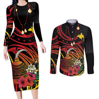Personalized Milne Bay Couples Matching Long Sleeve Bodycon Dress and Long Sleeve Button Shirt PNG Lime Pot with Oro Tapa LT7 Black - Polynesian Pride