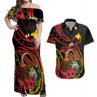 Personalized Milne Bay Couples Matching Off Shoulder Maxi Dress and Hawaiian Shirt PNG Lime Pot with Oro Tapa LT7 Black - Polynesian Pride
