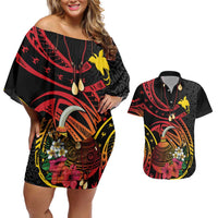 Personalized Milne Bay Couples Matching Off Shoulder Short Dress and Hawaiian Shirt PNG Lime Pot with Oro Tapa LT7 Black - Polynesian Pride