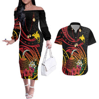 Personalized Milne Bay Couples Matching Off The Shoulder Long Sleeve Dress and Hawaiian Shirt PNG Lime Pot with Oro Tapa LT7 Black - Polynesian Pride