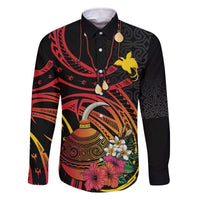 Personalized Milne Bay Family Matching Off The Shoulder Long Sleeve Dress and Hawaiian Shirt PNG Lime Pot with Oro Tapa LT7 Dad's Shirt - Long Sleeve Black - Polynesian Pride