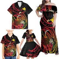 Personalized Milne Bay Family Matching Off Shoulder Maxi Dress and Hawaiian Shirt PNG Lime Pot with Oro Tapa LT7 - Polynesian Pride