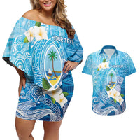 Hafa Adai Guam Chamorro Personalized Couples Matching Off Shoulder Short Dress and Hawaiian Shirt Ocean Blue Latte Stone with Guasali LT7 Ocean Blue - Polynesian Pride