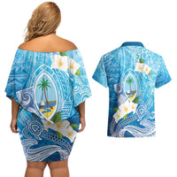 Hafa Adai Guam Chamorro Personalized Couples Matching Off Shoulder Short Dress and Hawaiian Shirt Ocean Blue Latte Stone with Guasali LT7 - Polynesian Pride