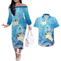 Hafa Adai Guam Chamorro Personalized Couples Matching Off The Shoulder Long Sleeve Dress and Hawaiian Shirt Ocean Blue Latte Stone with Guasali LT7 Ocean Blue - Polynesian Pride