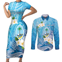Hafa Adai Guam Chamorro Personalized Couples Matching Short Sleeve Bodycon Dress and Long Sleeve Button Shirt Ocean Blue Latte Stone with Guasali LT7 Ocean Blue - Polynesian Pride