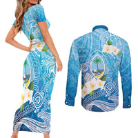 Hafa Adai Guam Chamorro Personalized Couples Matching Short Sleeve Bodycon Dress and Long Sleeve Button Shirt Ocean Blue Latte Stone with Guasali LT7 - Polynesian Pride