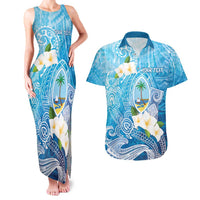 Hafa Adai Guam Chamorro Personalized Couples Matching Tank Maxi Dress and Hawaiian Shirt Ocean Blue Latte Stone with Guasali LT7 Ocean Blue - Polynesian Pride