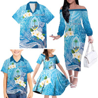 Hafa Adai Guam Chamorro Personalized Family Matching Off The Shoulder Long Sleeve Dress and Hawaiian Shirt Ocean Blue Latte Stone with Guasali LT7 - Polynesian Pride