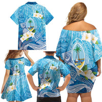 Hafa Adai Guam Chamorro Personalized Family Matching Off Shoulder Short Dress and Hawaiian Shirt Ocean Blue Latte Stone with Guasali LT7 - Polynesian Pride