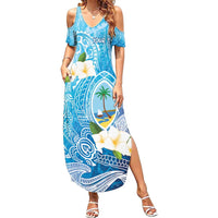 Hafa Adai Guam Chamorro Personalized Family Matching Summer Maxi Dress and Hawaiian Shirt Ocean Blue Latte Stone with Guasali LT7 Mom's Dress Ocean Blue - Polynesian Pride