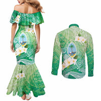 Hafa Adai Guam Chamorro Personalized Couples Matching Mermaid Dress and Long Sleeve Button Shirt Summer Green Latte Stone with Guasali LT7 - Polynesian Pride