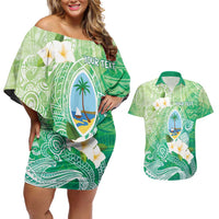 Hafa Adai Guam Chamorro Personalized Couples Matching Off Shoulder Short Dress and Hawaiian Shirt Summer Green Latte Stone with Guasali LT7 Summer Green - Polynesian Pride