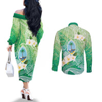 Hafa Adai Guam Chamorro Personalized Couples Matching Off The Shoulder Long Sleeve Dress and Long Sleeve Button Shirt Summer Green Latte Stone with Guasali LT7 - Polynesian Pride